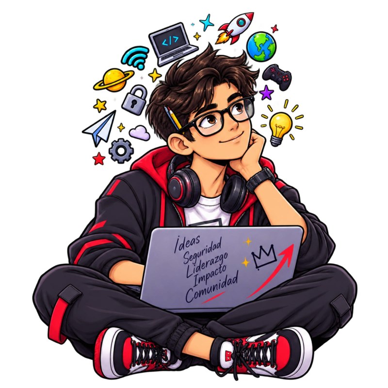 Ilustración de identidad: joven con laptop, seguridad e impacto
