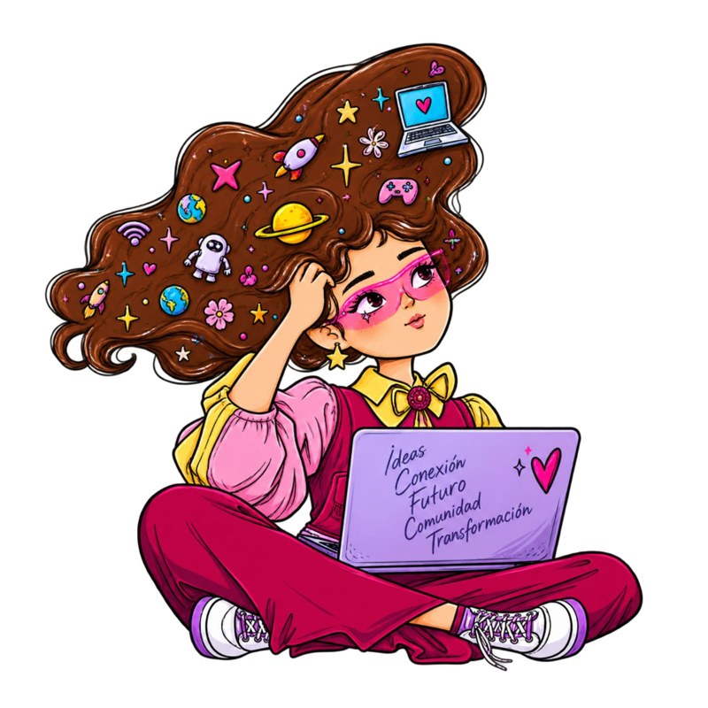 Ilustración de identidad: joven con laptop, conexión y transformación